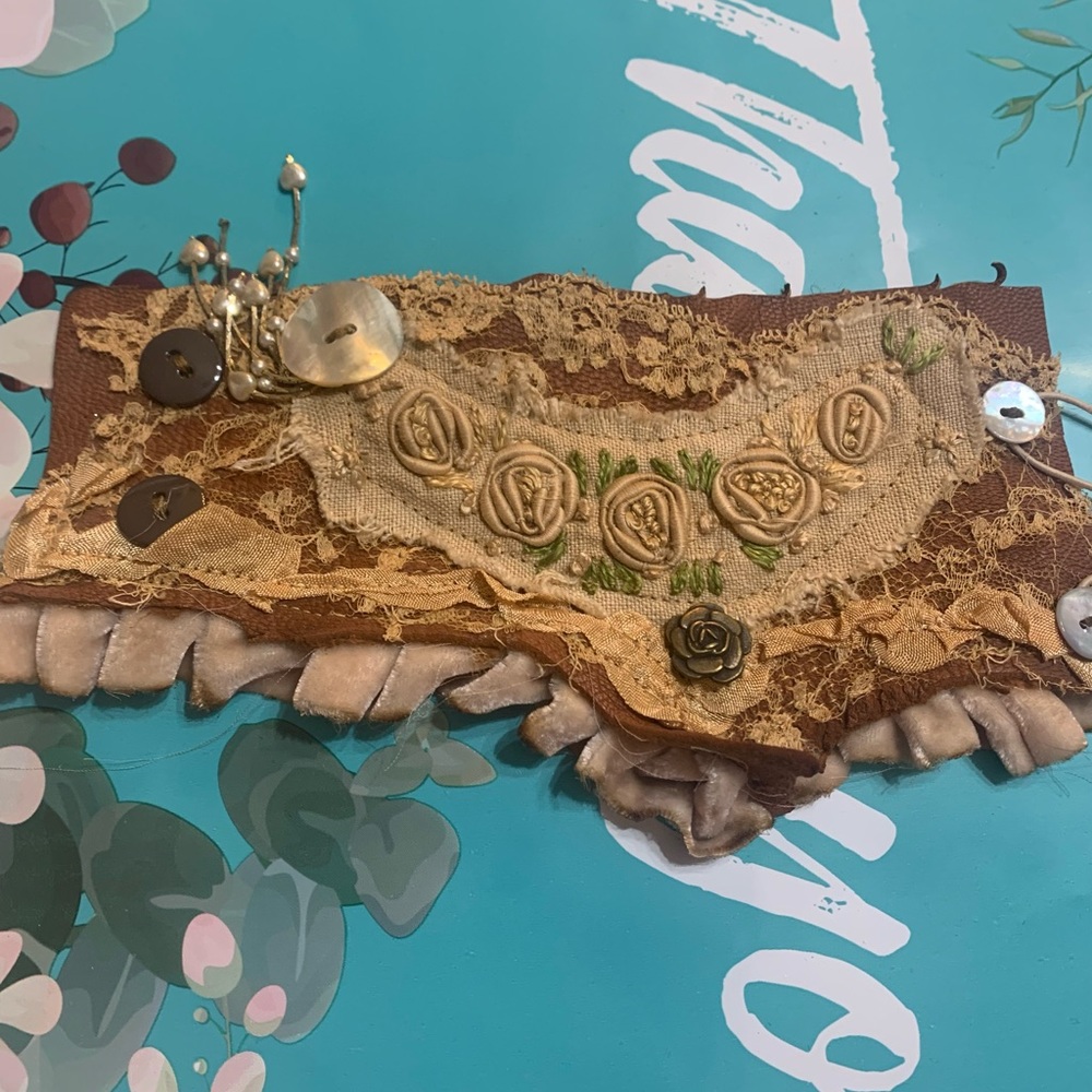 Leather with velvet trim and vintage lace and buttons wrap cuff bracelet.
